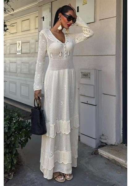 Runiquehome Düğme Detaylı ve Kat Etekli Etnik Elbise 2859