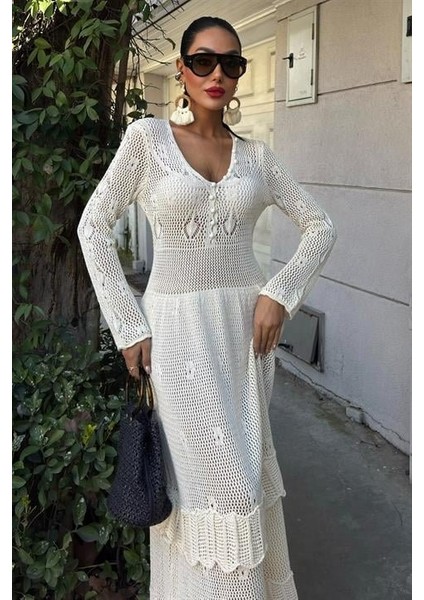 Runiquehome Düğme Detaylı ve Kat Etekli Etnik Elbise 2859