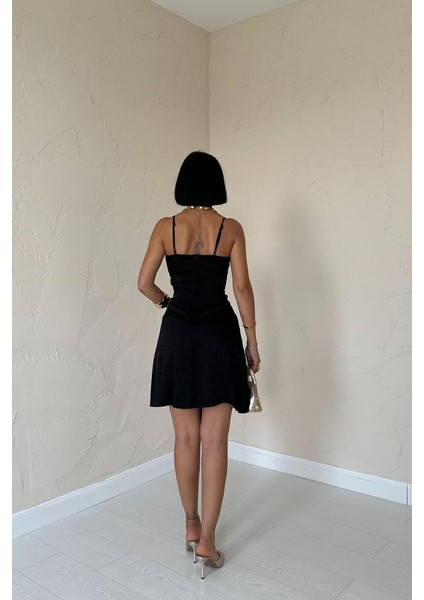 Runiquehome Siyah Jakarlı Asimetrik Elbise