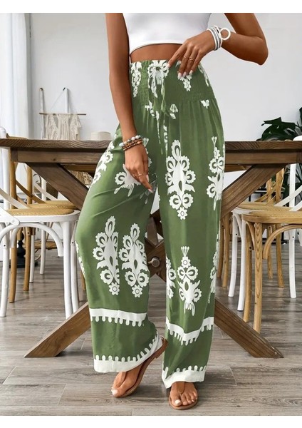 Runiquehome Kadın Yüksek Bel Büzgülü Etnik Desen Baskılı Süprem Pantolon fiyatları