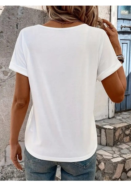 Runiquehome Kadın Kısa Kollu V Yakalı Şerit Detaylı Viskon Bluz fiyatları