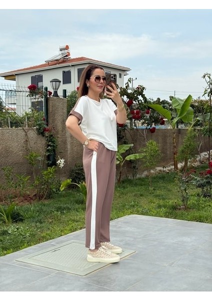 Runiquehome Kadın Modal Dokulu Kumaş Yanı Şeritli Takım