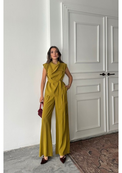 Runiquehome Tencel Modal Kolsuz Bluz Kapalı Cep Detaylı Dökümlü - Pantolon Takım - Yağ Yeşili