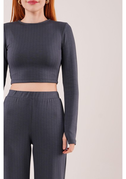Runiquehome Fitilli Bluz ve Pantolon Antrasit Ikili Takım