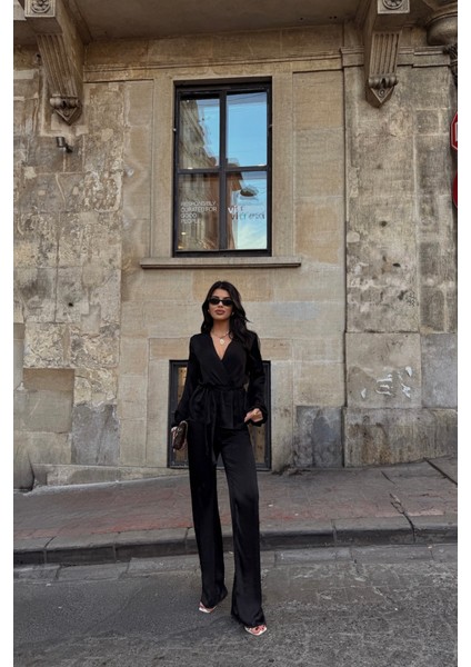 Runiquehome Saten Kruvaze Bağlamalı Bluz- Pantolon Takım - Siyah