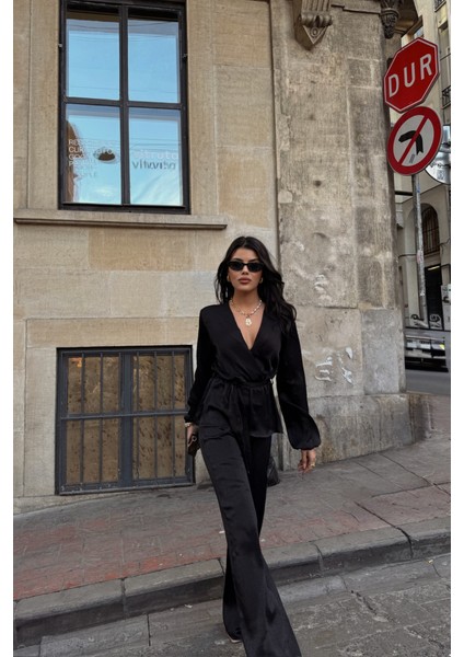 Runiquehome Saten Kruvaze Bağlamalı Bluz- Pantolon Takım - Siyah fiyatları