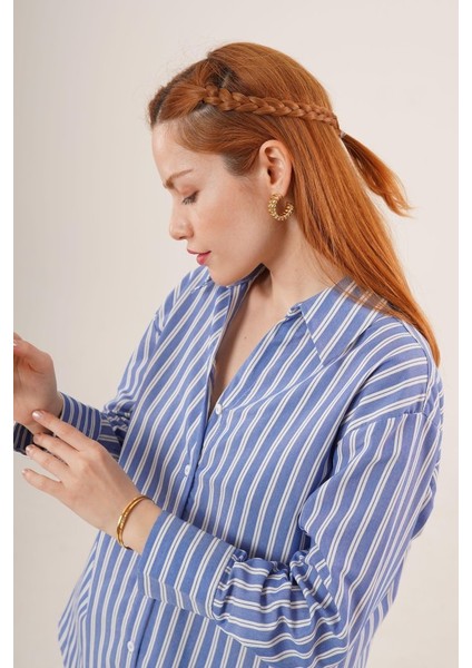 Runiquehome Çift Çizgi Geçişli Düğmeli Mavi Gömlek modelleri