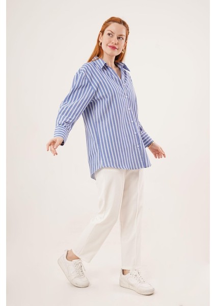 Runiquehome Çift Çizgi Geçişli Düğmeli Mavi Gömlek