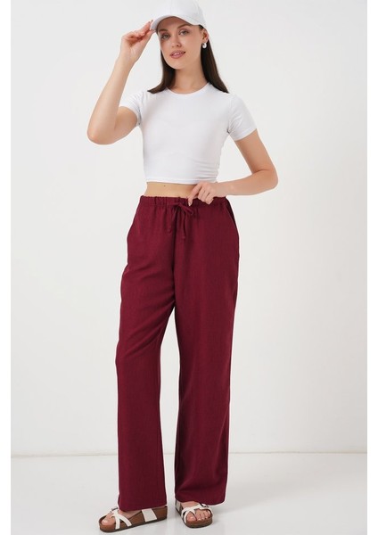 Runiquehome Geniş Paça Keten Pantolon 6735 - Bordo