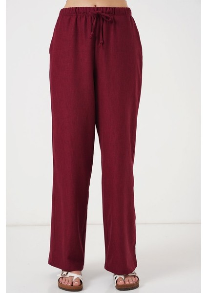 Runiquehome Geniş Paça Keten Pantolon 6735 - Bordo fırsatları