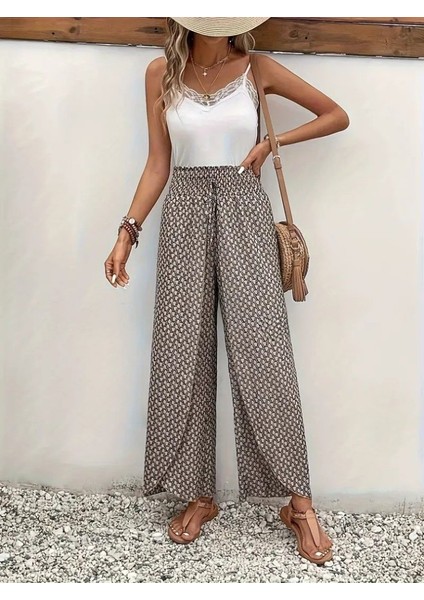 Runiquehome Kadın Yüksek Bel Lastikli Önden Iki Parçalı Desenli Bürümcük Pantolon