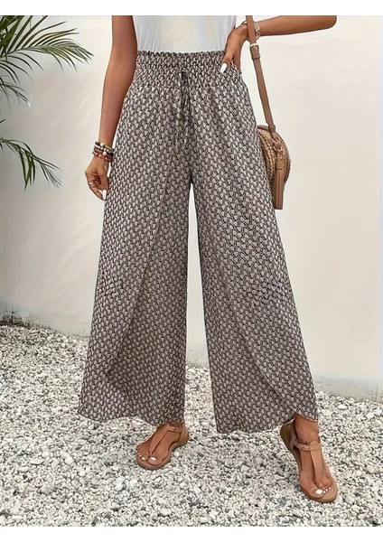 Runiquehome Kadın Yüksek Bel Lastikli Önden Iki Parçalı Desenli Bürümcük Pantolon