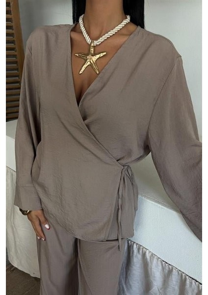 Runiquehome Kruvaze Model Klasik Pantolonlu Çupra Keten Takım 10191 indirimleri