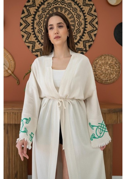 Runiquehome Yeşil Baskı Detay Keten Hırka modelleri