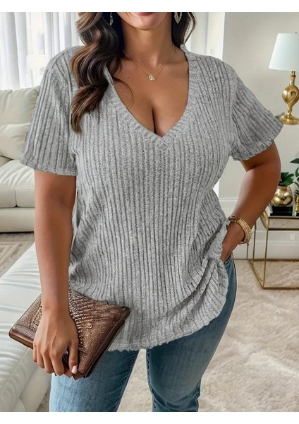 Runiquehome Kadın Kısa Kollu V Yaka Fitilli Kaşkorse Bluz