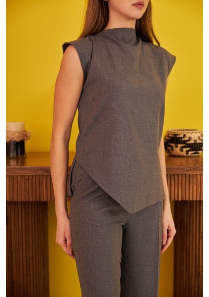 Runiquehome Gri Sıfır Kol Düğmeli Gömlek Takım