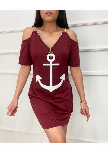 Runiquehome Fermuar Detay Çıpa Baskılı Zincir Askılı Iki Iplik Elbise - Bordo fırsatları