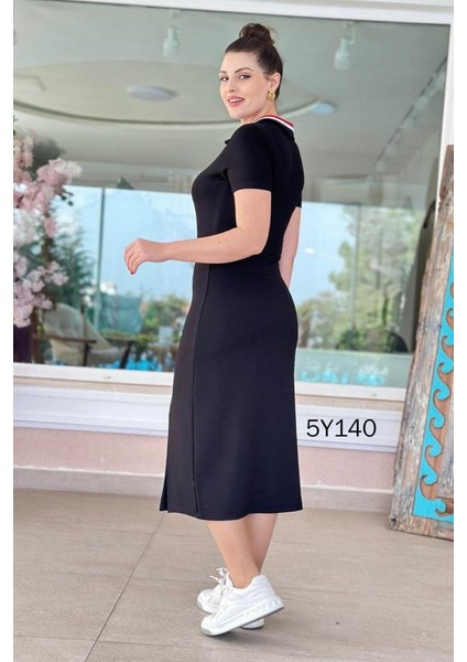 Runiquehome Kadın Yaka Ribanalı Çift Yırtmaçlı Elbise