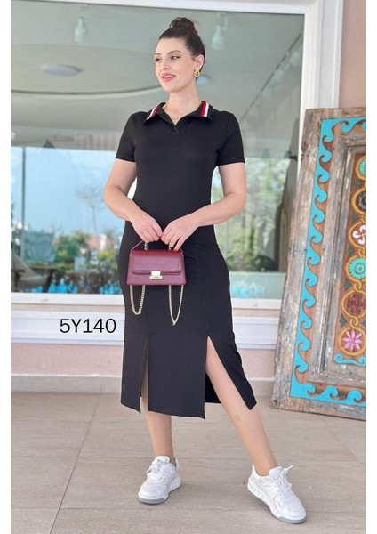 Runiquehome Kadın Yaka Ribanalı Çift Yırtmaçlı Elbise