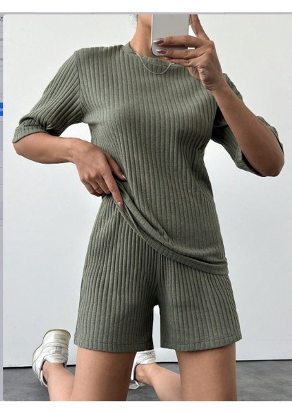 Runiquehome Kadın Kısa Kollu Bisiklet Yaka Kaşkorse Bluz Şort Ikili Takım fiyatları