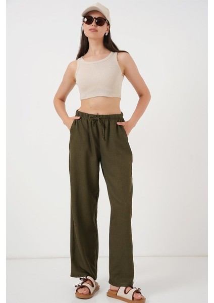 Runiquehome Geniş Paça Keten Pantolon 6735 - Haki modelleri