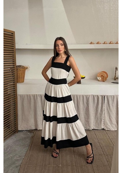 Runiquehome Bej Arkası Fiyonklu Keten Elbise