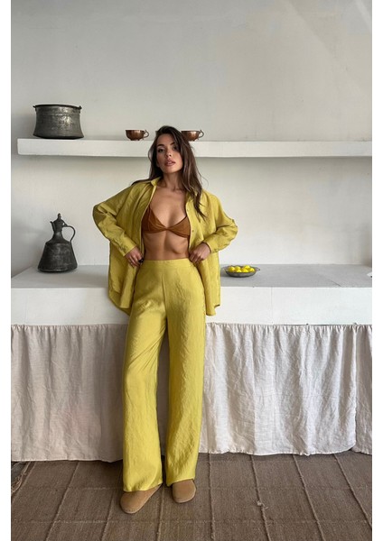 Runiquehome Gömlek-Pantolon Takım Cupra Kumaş - Yağ Yeşili