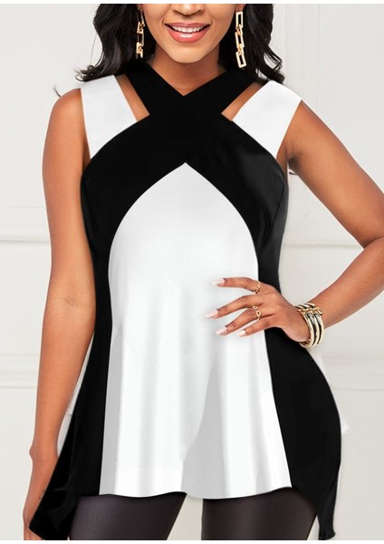 Runiquehome Kadın Askılı Boyundan Çapraz Halter Yakalı Çift Renkli Viskon Bluz