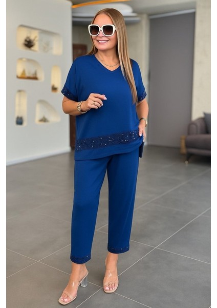 Runiquehome Kadın Kısa Kollu V Yakalı Pul Payetli Viskon Iki Iplik Bluz ve Pantolon Ikili Takım fiyatları
