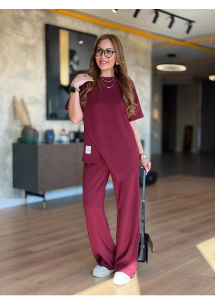 Runiquehome Kadın Kısa Kollu Bisiklet Yaka Asimetrik Viskon Iki Iplik Bluz ve Pantolon Ikili Takım fiyatları