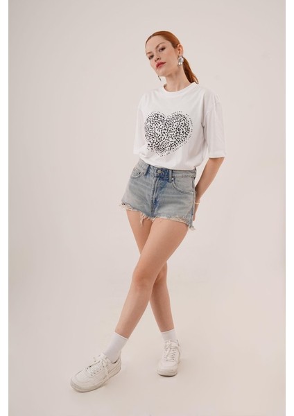 Runiquehome Kalp Baskılı Crop Beyaz Tişört