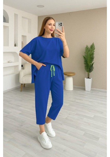 Runiquehome Kadın Kısa Kollu Bisiklet Yaka Viskon Iki Iplik Bluz ve Pantolon Ikili Takım