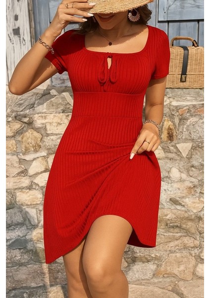 Runiquehome Kadın Kısa Kollu Kare Yakalı Bağcıklı Kaşkorse Elbise