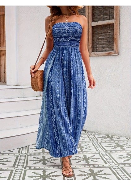 Runiquehome Kadın Yakası Gipe Detaylı Önden Yırtmaç Detaylı Desenli Süprem Pantolunetek Tulum fiyatları