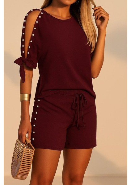 Runiquehome Kadın Kısa Kollu Bisiklet Yaka Yarı Açık Omuz Inci Detaylı Short T-Shirt Viskon Ikili Takım