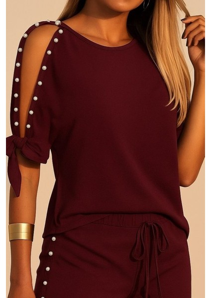 Runiquehome Kadın Kısa Kollu Bisiklet Yaka Yarı Açık Omuz Inci Detaylı Short T-Shirt Viskon Ikili Takım fiyatları