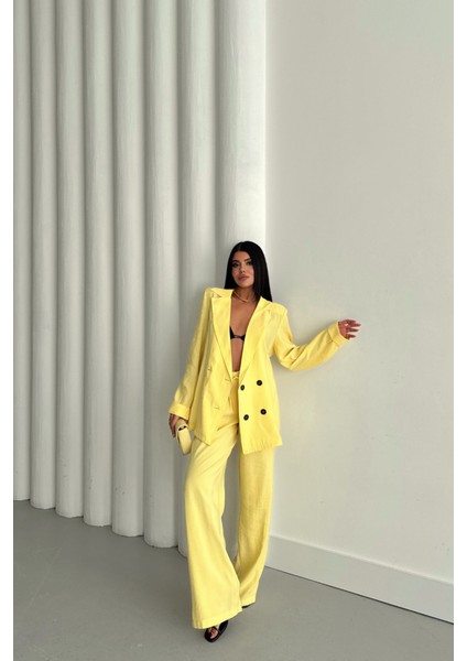 Runiquehome Modal 4 Düğme Astarsız Ceket - Pantolon Takım - Sarı