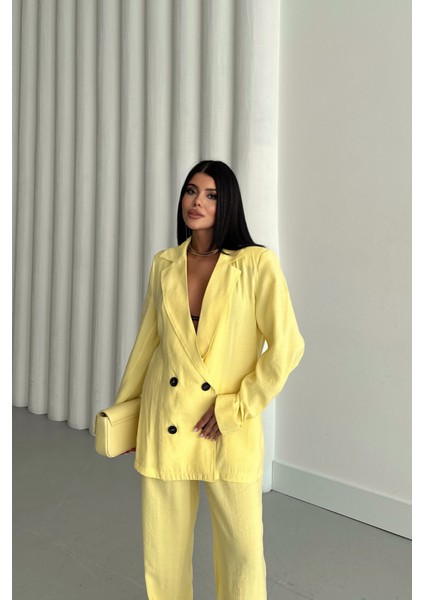 Runiquehome Modal 4 Düğme Astarsız Ceket - Pantolon Takım - Sarı fiyatları