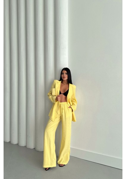 Runiquehome Modal 4 Düğme Astarsız Ceket - Pantolon Takım - Sarı modelleri