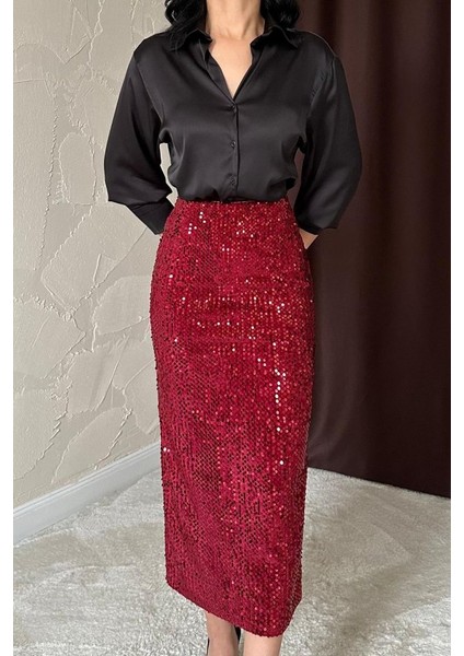 Runiquehome Bordo Pulpayetli Parlak Etek modelleri