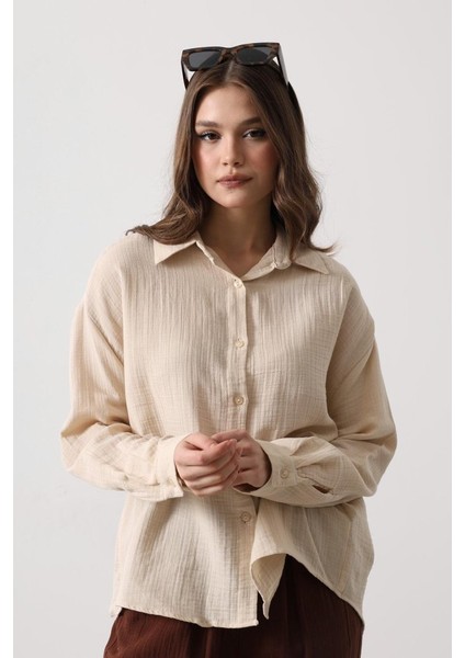 Runiquehome Müslin Uzun Kol Gömlek - Bej modelleri