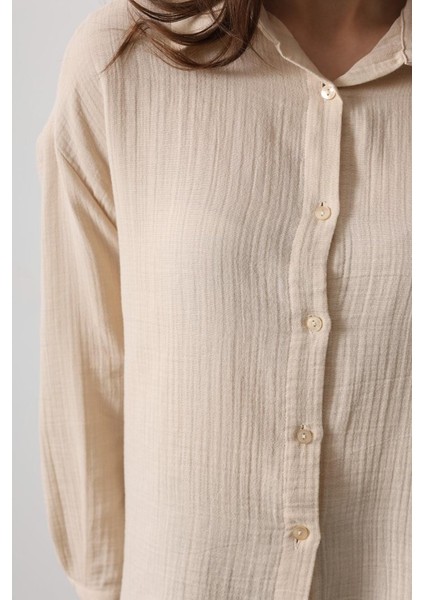 Runiquehome Müslin Uzun Kol Gömlek - Bej fırsatları