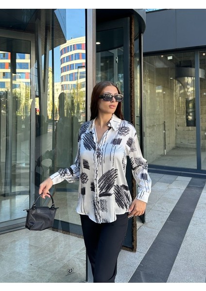 Runiquehome Kadın Uzun Kollu Dijital Baskılı Salaş Saten Gömlek