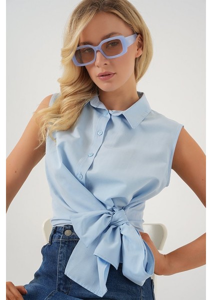 Runiquehome Sıfır Kol Önü Bağlamalı Gömlek 20340 - Mavi fırsatları