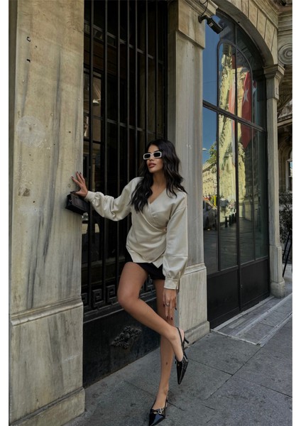 Runiquehome Süet Kruvaze Bluz Bağlama Detaylı - Taş modelleri