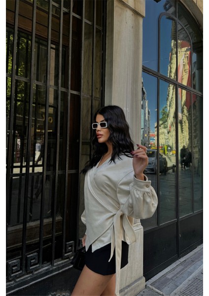 Runiquehome Süet Kruvaze Bluz Bağlama Detaylı - Taş indirimleri