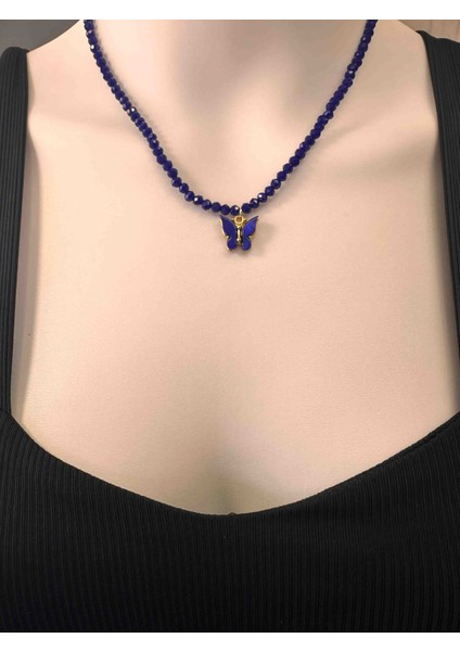 Kristal Cam Boncuklu Kolye , Kelebekli Kolye , Kelebek Figürlü Kristal Kolye