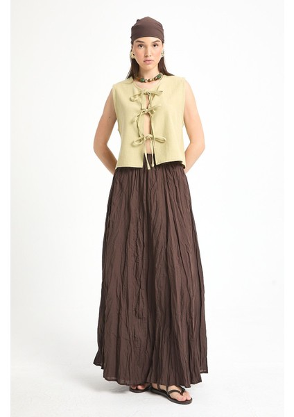 Kadın Kahverengi Vual Kumaş Kırışık Uzun Astarlı Etek 29062 modelleri