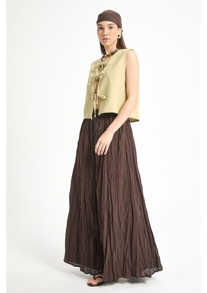 Kadın Kahverengi Vual Kumaş Kırışık Uzun Astarlı Etek 29062