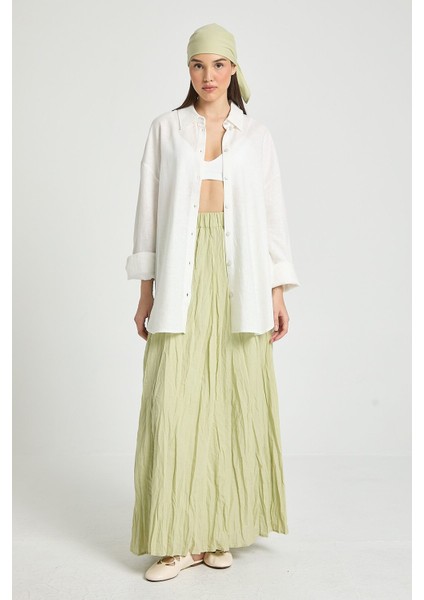 Kadın Çağla Vual Kumaş Kırışık Uzun Astarlı Etek 29062